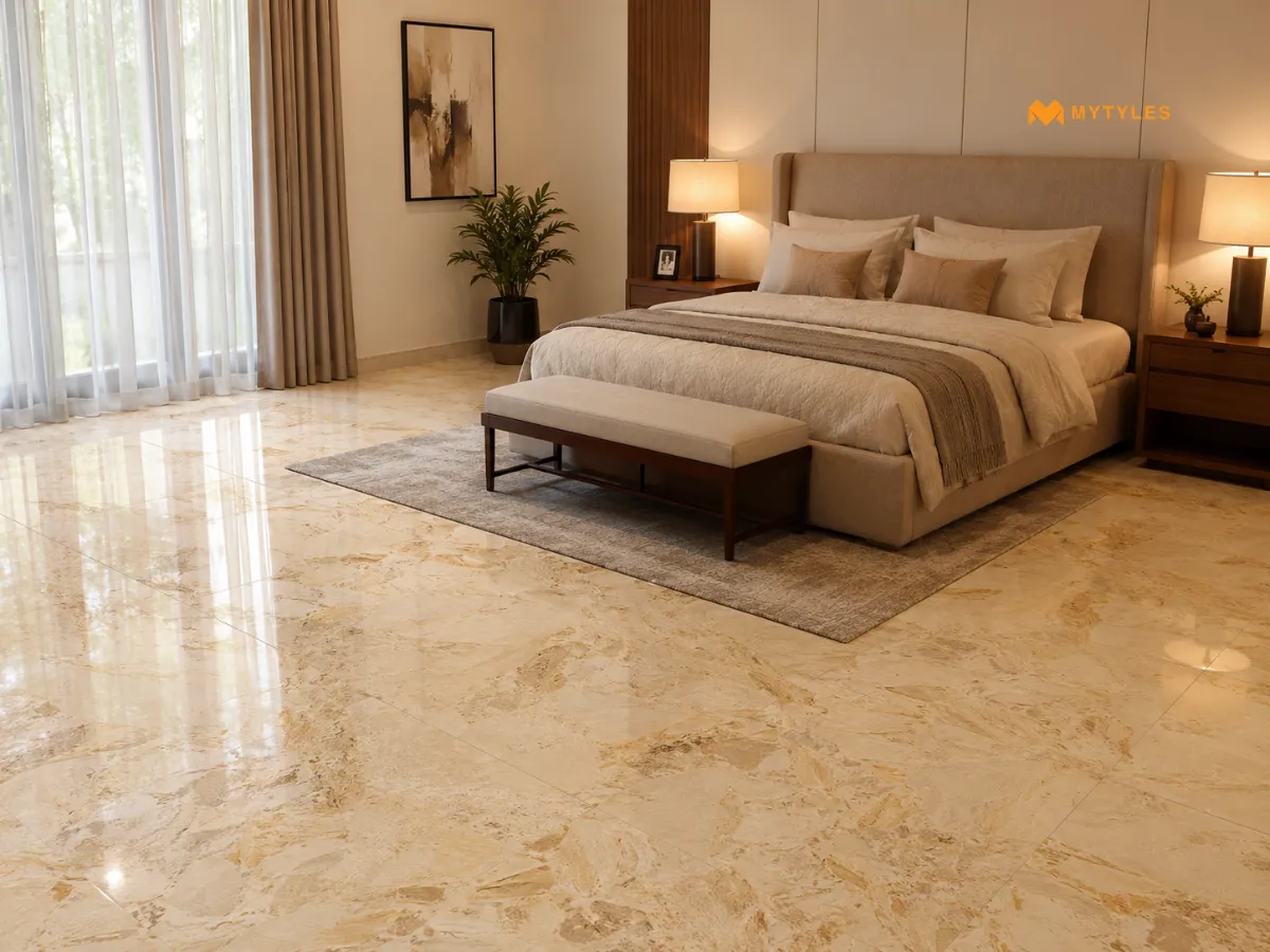 Warm Beige Marble-Look Tiles for Bedroom